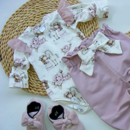 Komplet body z tiulem & spodnie z kokardą PUDROWY JEDNOROŻEC