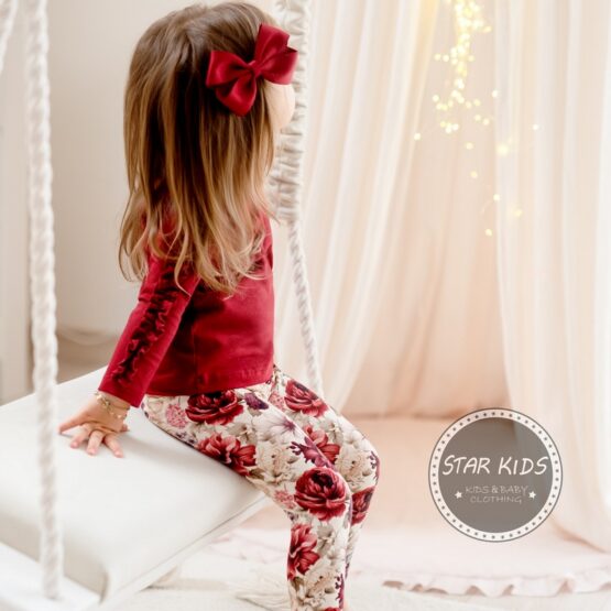 Komplet body/bluzeczka z ozdobnymi rękawami & legi print BURGUNDOWE KWIATY