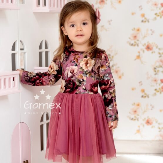 Suknia kwiatowa, tiulowa ZGASZONY FIOLET