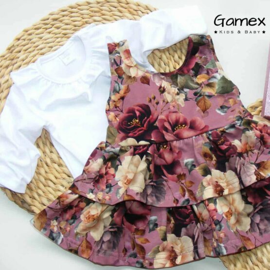 Komplet body z falbanką & sukienka KWIATOWA PRINCESSA Z KOKARDĄ