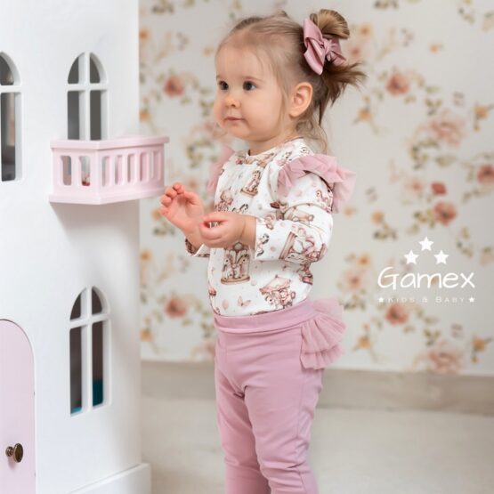 Komplet 2 cz. body print & legi KARUZELE Z PUDROWYM TIULEM