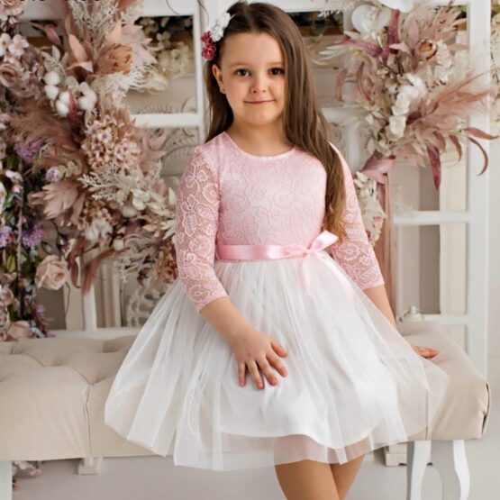 Suknia tiulowa z wstążką i koronkowym karczkiem LANDRYNKOWY RÓŻ