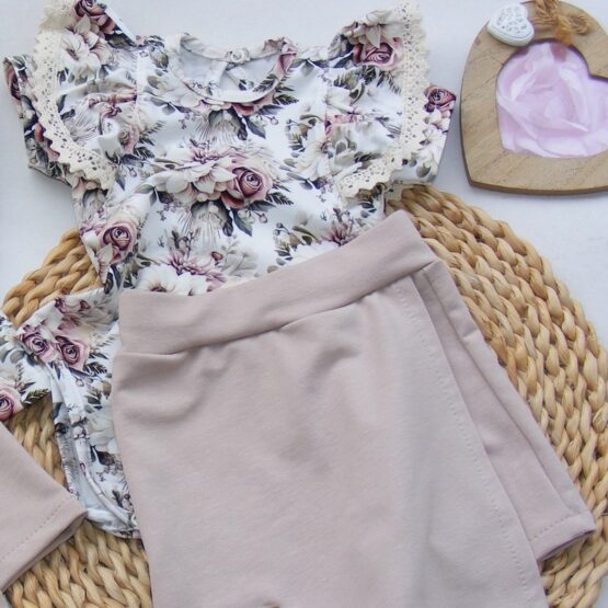 Komplet 2 cz. body/bluzeczka z falbaną & spódniczko-szorty KWIATOWA KORONKA