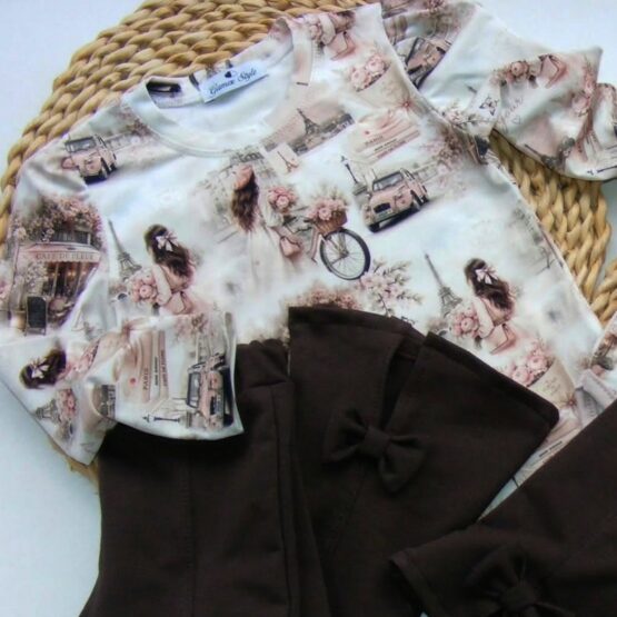 Zestaw body/bluzeczka print & czekoladowe dzwony z kokardą PARYŻANKA